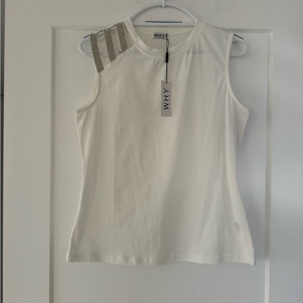 WHY Dress White Sleeveless Top with Three Crystals Stripes Accents. Size L. NEW